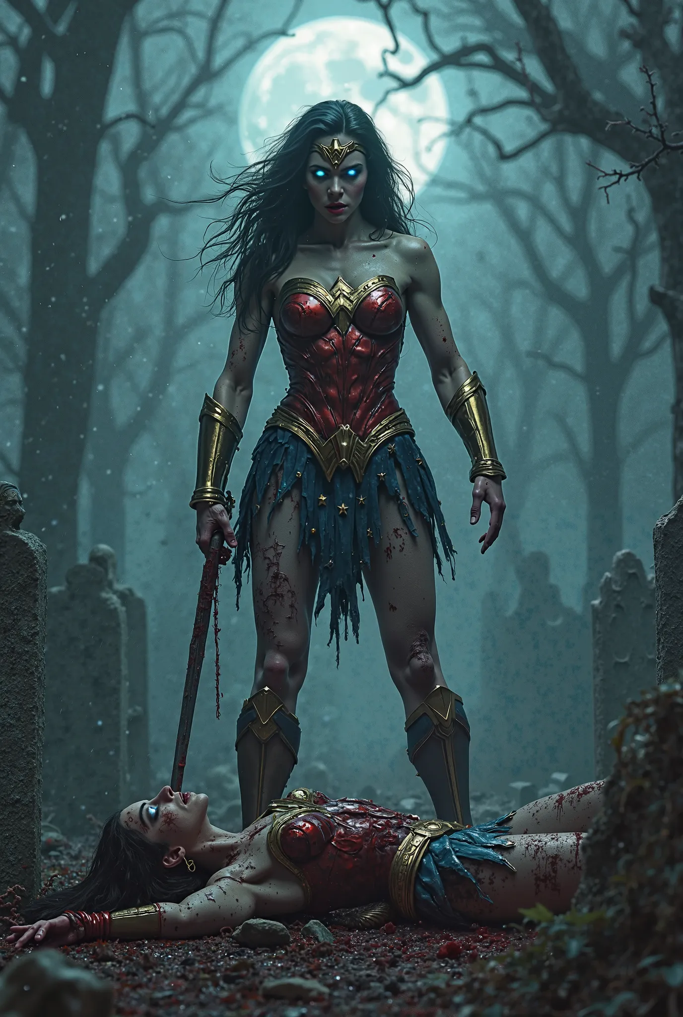 A dark and eerie graveyard under a full moon, filled with mist and twisted, leafless trees. In the center, a zombified version of Wonder Woman stands menacingly, her glowing blue eyes staring ahead. Her once-golden armor is tarnished, scratched, and covere...