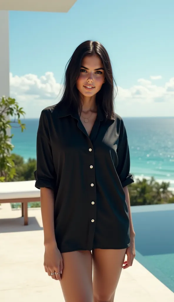  full body overview. Superrealistic photograph of a terrace of a minimalist mansion with white tones and Caribbean ocean in the background. Cass is a 23-year-old Latin woman. , straight black hair that falls down to her shoulders , black eyebrows, black ey...