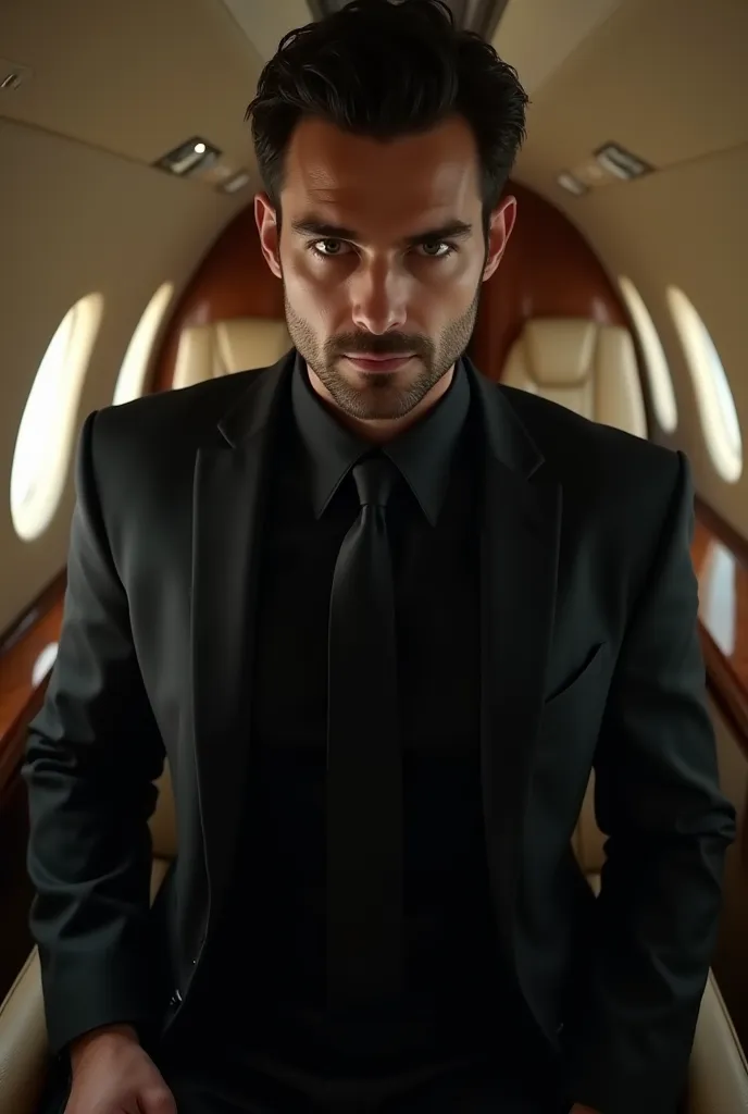 white-eyed blue-eyed man with short black hair without a beard with a mysterious appearance and an athletic fit wearing a black suit, black blouse and black tie parading inside a jet in shades of brown