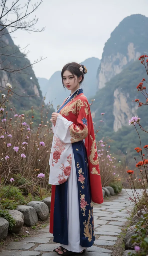 A graceful young woman in traditional Chinese clothing stands amidst a backdrop of majestic mountains, shrouded in a thin mist. She is dressed in an elegant red, blue, and white hanfu with intricate embroidery of flowers and golden dragons. Her hair is pul...