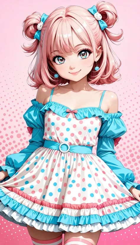 cute young girl, (big eyes), (Xiaoyan), ( High Detail Skin :1.2), cute face, playful expression, Beautiful appearance, (comic style eyes , Retro Hairstyle , cute pose, smile), pop art, colorful, bright color, pastel color, (detailed clothes, frill dress, ...