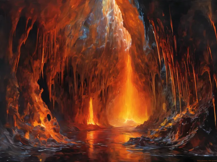 A vast and surreal vertical cavern, an infernal abyss with deep uneven floors and towering halls, where fire cascades down like a molten waterfall, merging into a blazing river of liquid flames. The cavern's walls are formed by the fusion of stalactites an...