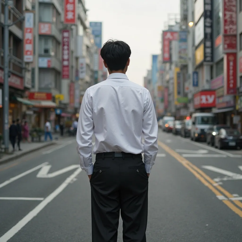 one man、 Slim、 black pants 、Thick pants、Wide-leg trousers、 white Y shirt、back view、Shooting with a film camera、Realistic、City、Leica、High Resolution, masterpiece, accurate, anatomically correct, top quality, Japanese、 black hair、morning、早morning、