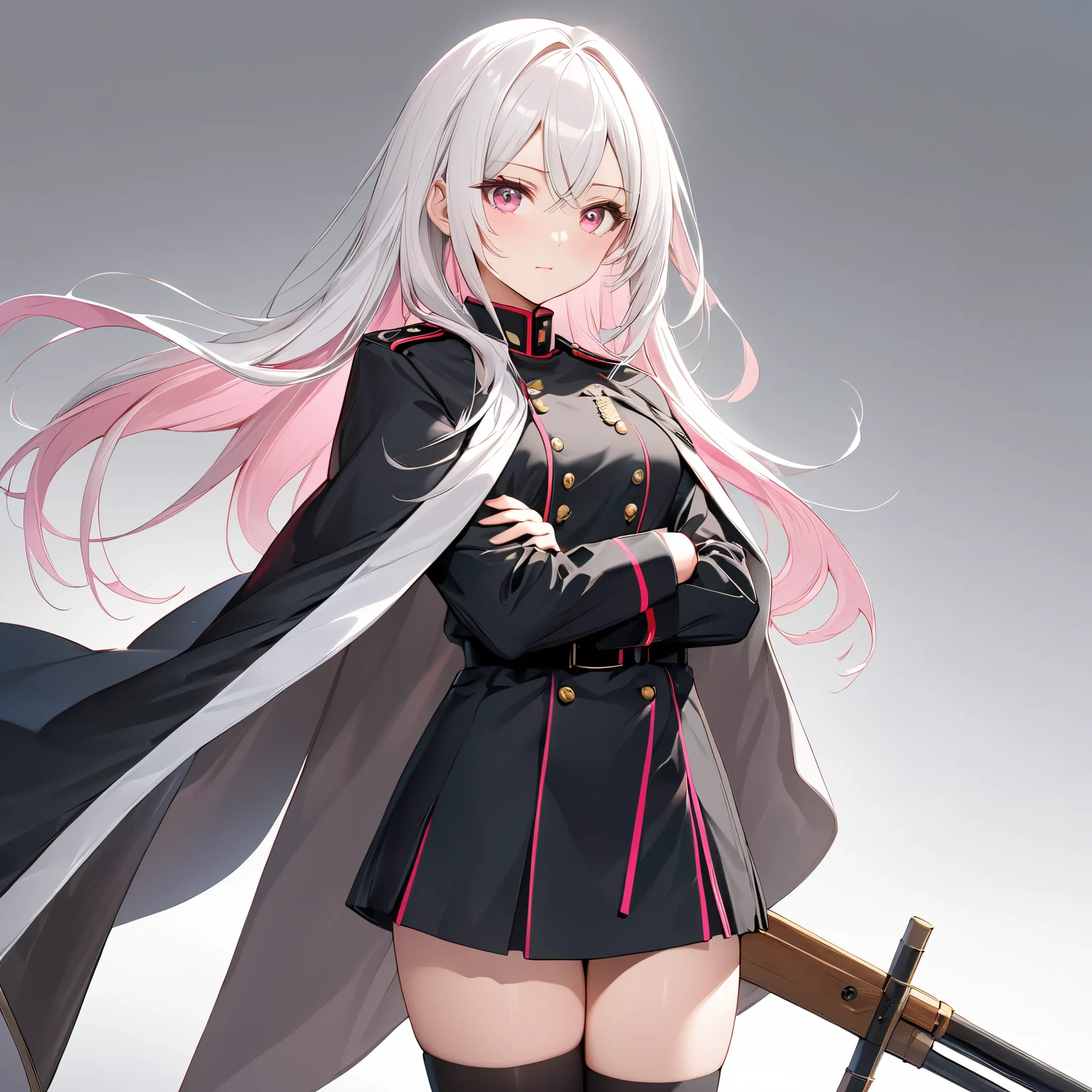 High resolution, high quality, HD, beautiful female, 1 female, beautiful, ager, beautiful girl, Beautiful pink eyes, nice face, Long white hair with a straight front cut , long hair, long white hair, pink eyes, soft skin, black military uniform with cape, ...