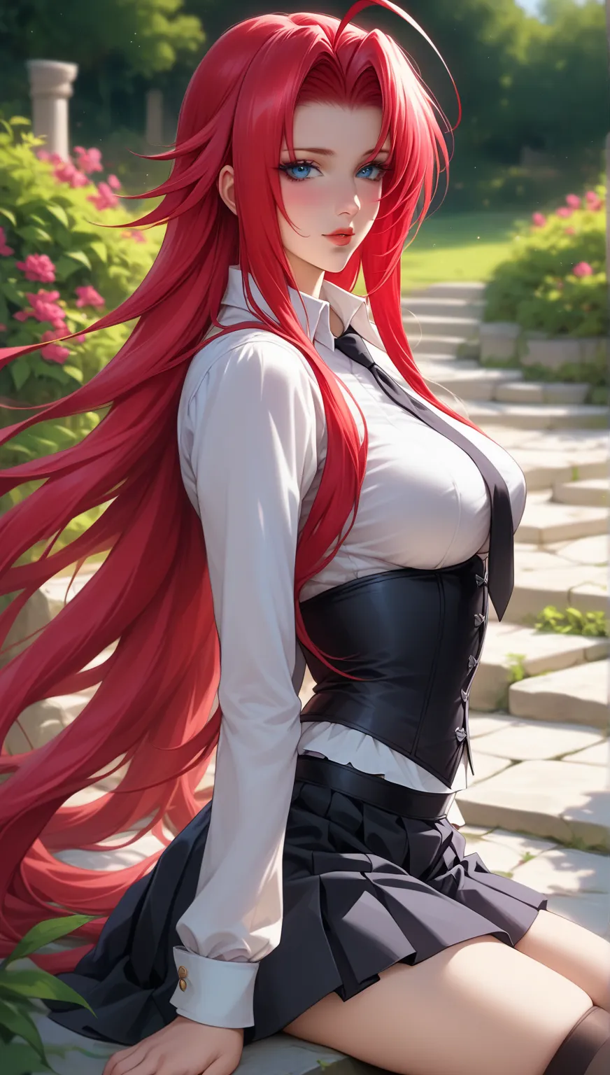 Rias Gremory(High School DxD), long flowing crimson red hair, styled with loose strands framing her face and a distinctive ahoge curl on top. She has striking, bright blue eyes with a soft, gentle expression. Her skin is flawless and fair. She wears a tigh...