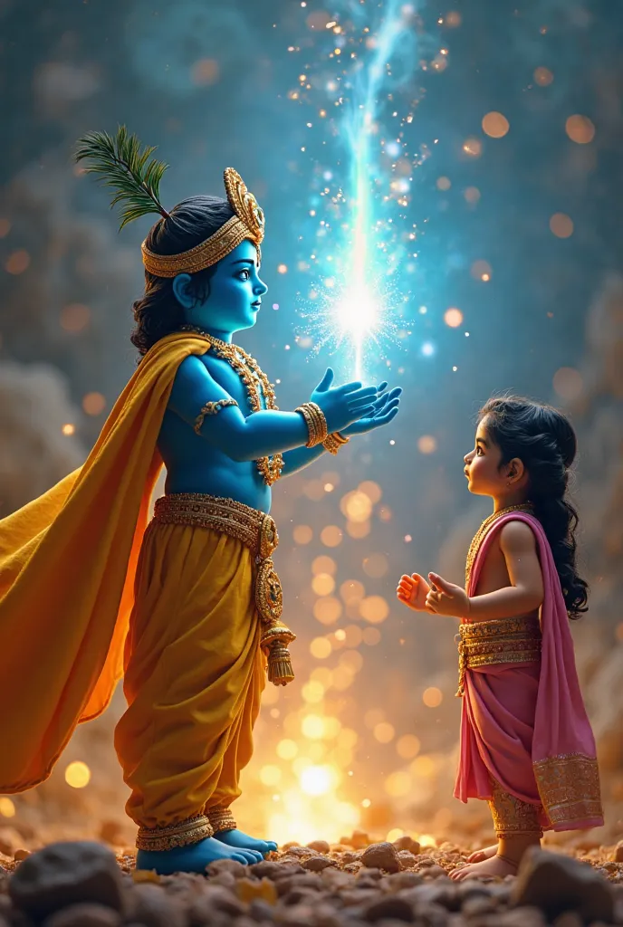 Superman and Batm"A divine 4K cinematic scene of Lord Krishna, glowing with a radiant blue aura, standing in front of Uttara. He wears a golden crown adorned with peacock feathers and a yellow silk dhoti. His hands are raised, and a brilliant protective sh...