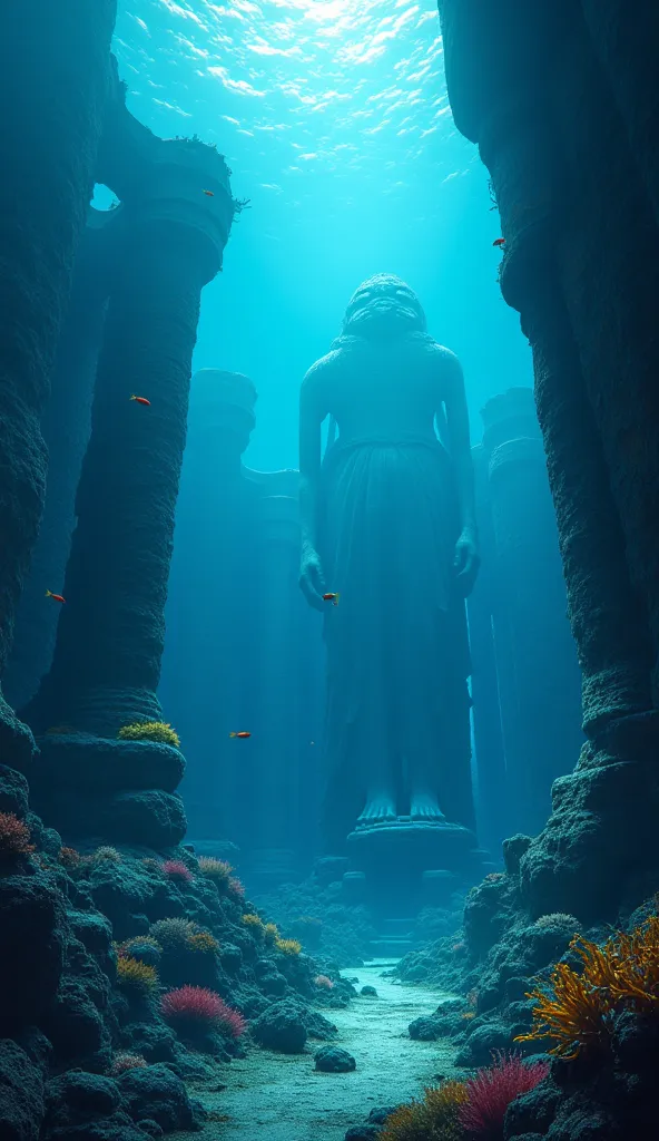 Illustration of a mysterious ancient underwater city, with ruins of buildings, giant statue, and blue light illuminating the depths of the sea, swimming fishes, corals and marine plants, photo-realistic, concept art , 4K, hdr, ultra-detail, studio lighting...