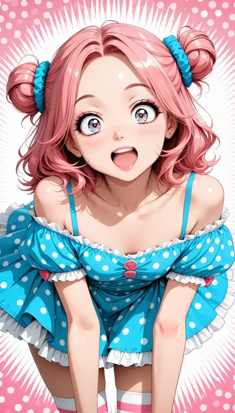 cute young girl, (big eyes), (Xiaoyan), ( High Detail Skin :1.2), cute face, playful expression, Beautiful appearance, (comic style eyes , Retro Hairstyle , forward bending, surprised), pop art, colorful, bright color, pastel color, (detailed clothes, fri...