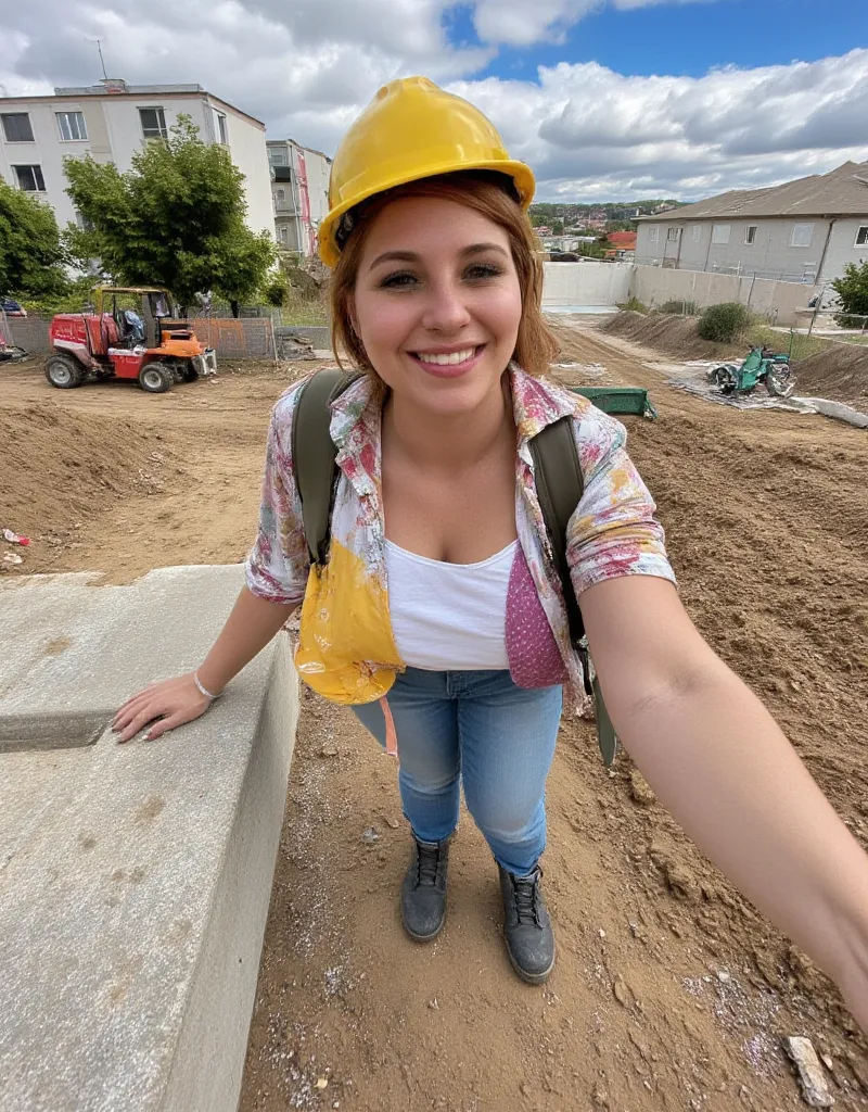 Short hair, red hair , grosse poitrine, léger surpoids

Terrain à bâtir, bottines de travail, jean slim, chemise ajustée, casque sur la tête, selfie avec fond de construction, énergie positive, mains sur les hanches, vue dégagée.