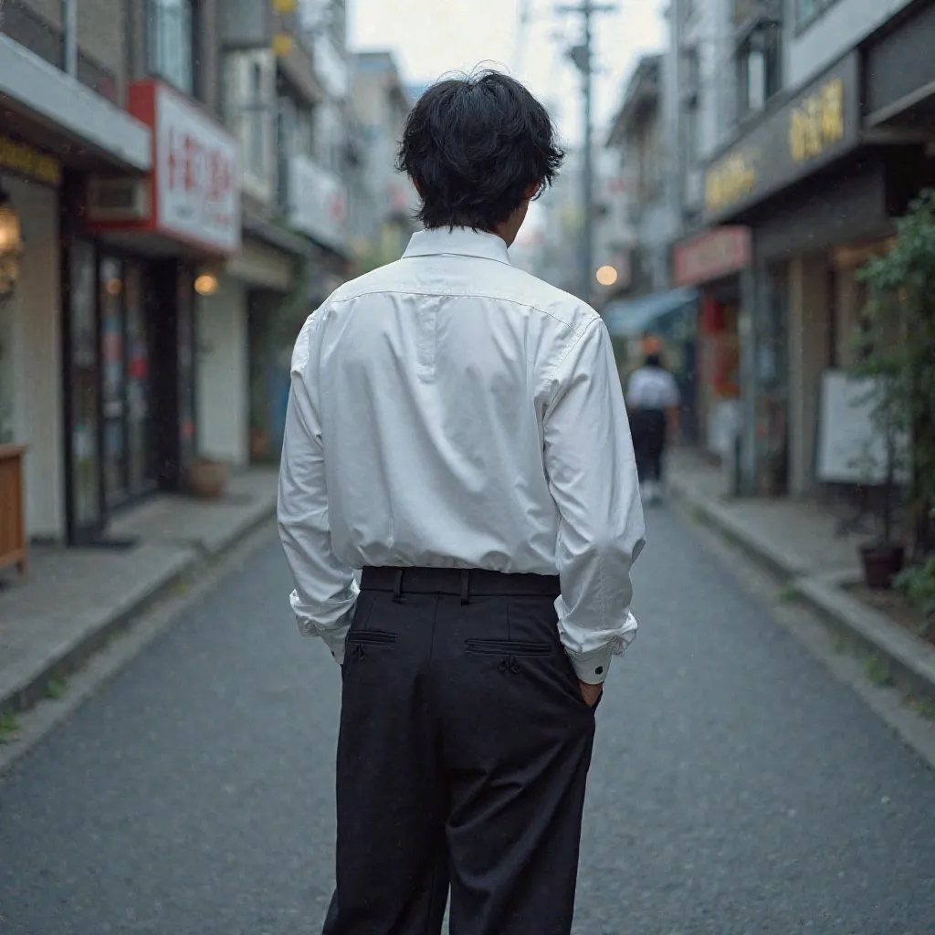 one man、 Slim、 black pants 、Thick pants、Wide-leg trousers、 white Y shirt、back view、Shooting with a film camera、Realistic、City、Leica、High Resolution, masterpiece, accurate, anatomically correct, top quality, Japanese、 black hair、morning、早morning、 neutral、Si...