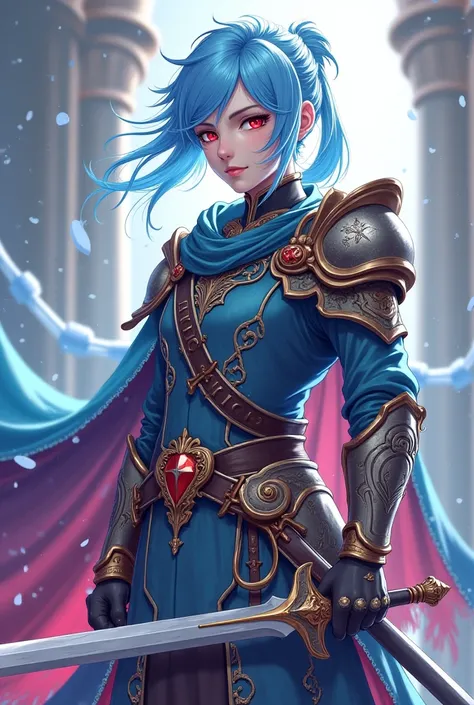 Create a character of Honor of Kings with all those of the game's drawing style who has feminine light blue hair in the mid-line with red eyes and maximalist but epic clothing with a lot of emphasis on his ability to damage and his weapon is a sword