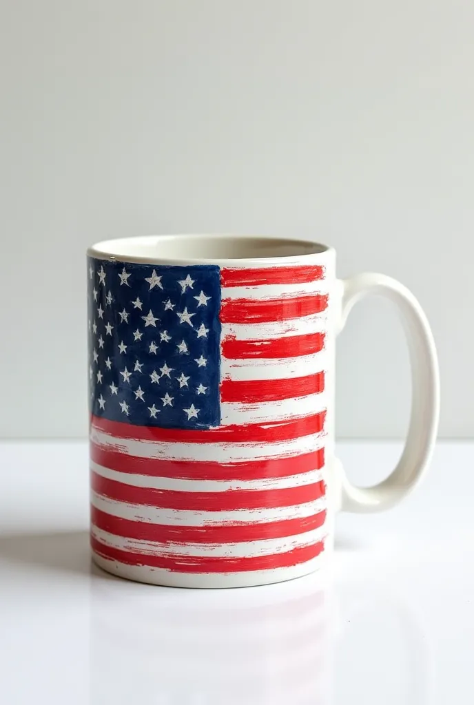 Generate a mug with the United States flag with an innovative phrase, striking and with striking drawings