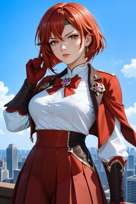 masterpiece, beautiful, ultra-detailed, detailed face, 4k, hd, perfect lighting, best quality, score_9, score_8_up, score_7_up, score_6_up, 2d art, perfect hands, perfect eyes 
((cowboy shot)) 
feMva, red hair, short hair, red eyes, green headband, medium ...