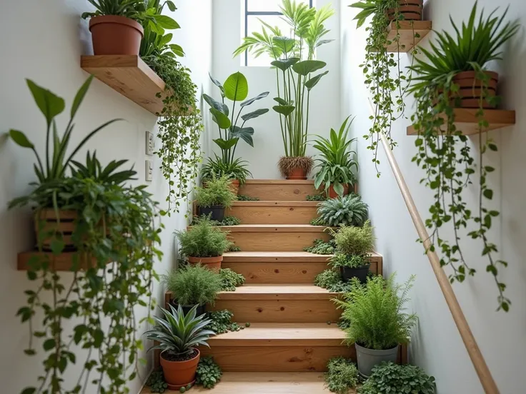 A narrow narrow staircase with plants of different sizes. There are thin shelves along the wall with succulents and small cacti, in addition to tall vases with lucky bamboo and Saint George's sword. hanging plants , How the boa, are suspended along the han...