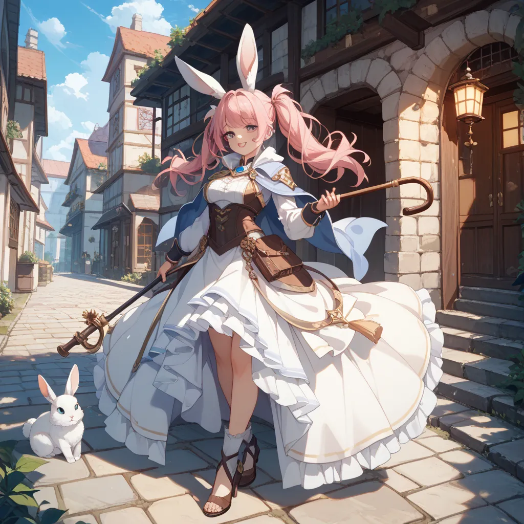 woman、pink hair、twin tails、濃い灰色の瞳、 beauty、 clear、White rabbit ears、White Mage Clothes、Stand with a cane、 dungeon background with cobblestone floor