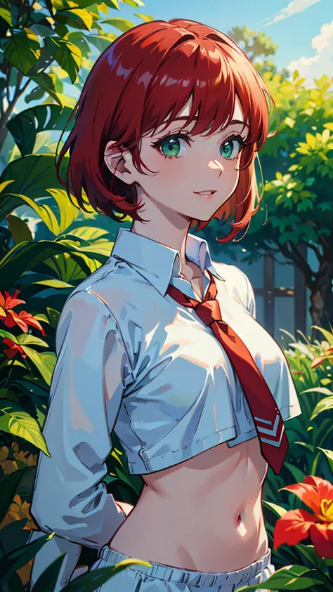 Gundam、anime,  white sweater、greenのミニスカート、red tie、blue sky、 everyday wear、Beautiful boy with red round boob head and very short hairstyle、smile、red hair、大きなgreenの瞳、(green+White)Shirt、Hide chest and belly、Gundam、park full of flowers、butterfly々、Front bust, b...