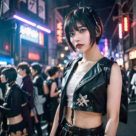 japanese woman,  ruin,  kawaii, ((very short cut:1.2)), crowds around, ((dancing in the street, gothic lolita, cyber punk, lighting effects1.2)), white tanktop, black business jacket