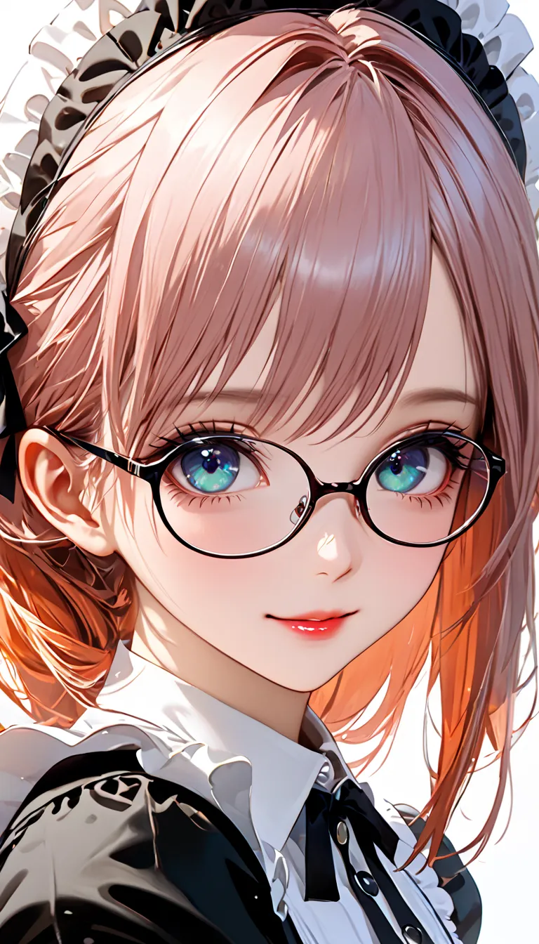 (High resolution, accurate, Best Quality, Anatomically correct, masterpiece,16k, Wallpaper), 1girl, maid, beautiful girl, exquisite makeup, perfect face, long eyelashes, detailed eyes and lips, bright smile, shiny hair, cutest girl in the world, glasses, s...