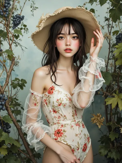 8k, Excellent Performance, Top Quality, High angle,  slender, White skin, rosy cheeks, Cheeks respond ,   tank top, shorts, CREAM-COLORED FLORAL PRINT WITH LACE TRIM AT THE BOTTOM OF THE PANTS, Sheer fabric, Plum Waist, loose  , Soft Hat,  Painted Backgrou...