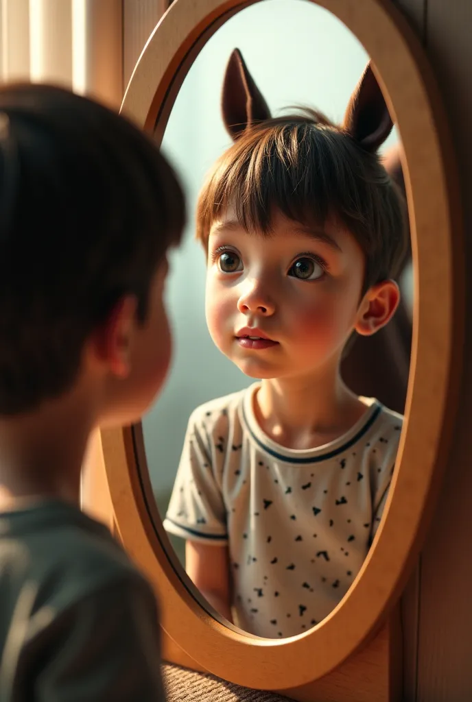 In realistic format, create A boy looking in the mirror and seeing a pony in his reflection 