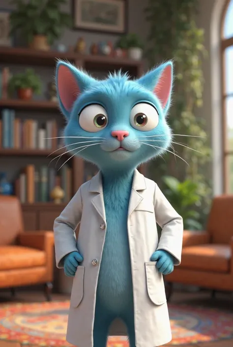 Create an image of Gumball wearing a white psychologist's coat.