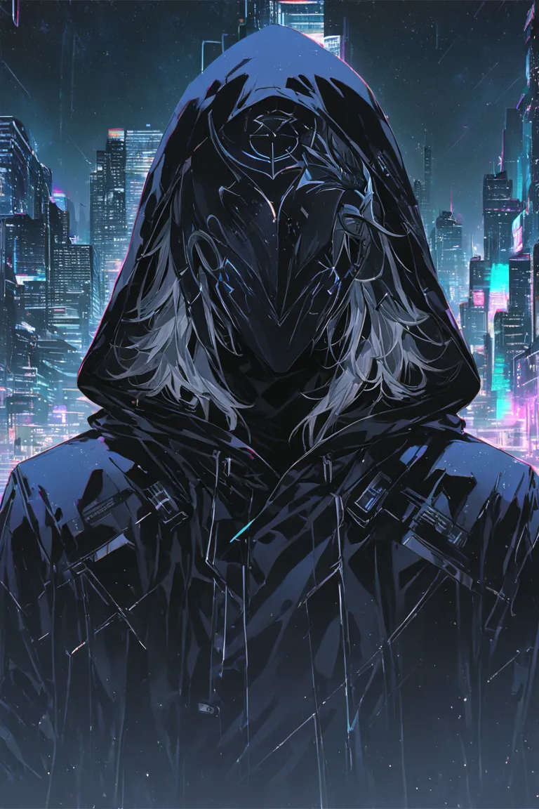 걸작, top quality,High Resolution,The best details,man,Wear a neon line monochromatic mask, black hooded long coat,Mask to cover the whole face, Unpatterned Mask ,futuristic city background,Focus on the face,side,silvery hair karak,Starry Sky