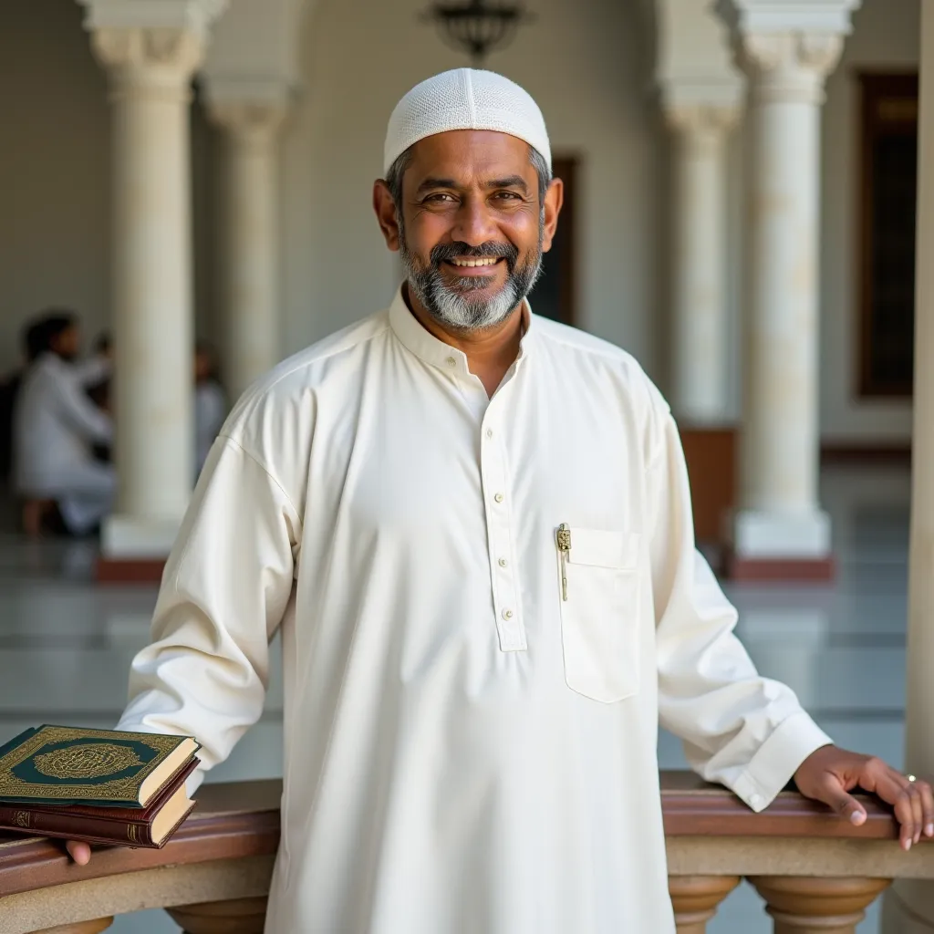 A Bangladeshi Muslim man with a  . Waring white panjabi. Islamic Background. Day Light. Natural HD photo. Quran On Rail, booth are looking at the camera and smiling.