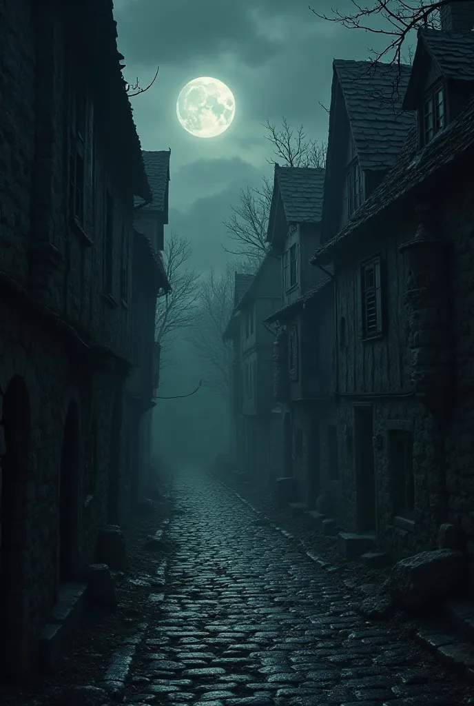 A dark, eerie village at night: A photo of a quiet, moonlit village with shadows creeping along the streets to create a spooky setting.