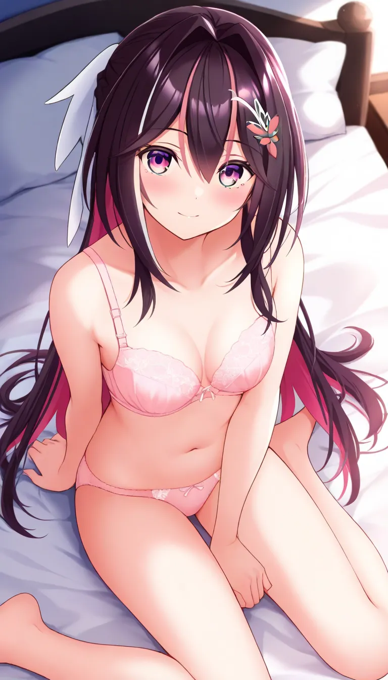 AZKi, light pink bra, light pink panties, on bed, wariza, soft smile, looking at viewer, (from above:2.0)