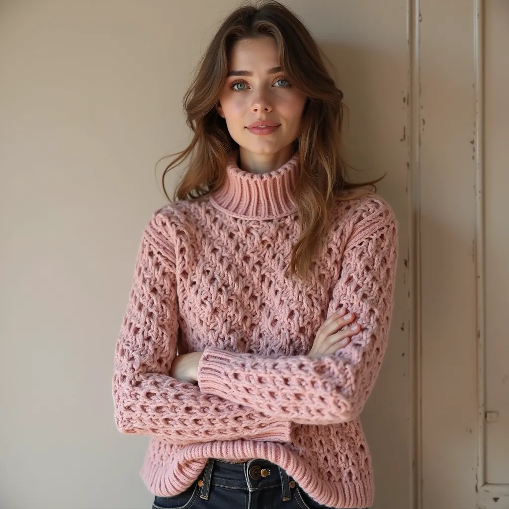  Nice stylish one sweater design crochet with wool luxury small cute petals design on wool simple sweater design and separate different design pink brown color full view pic full room view zoom out on youngster lady under neck simple fresh bright room sing...