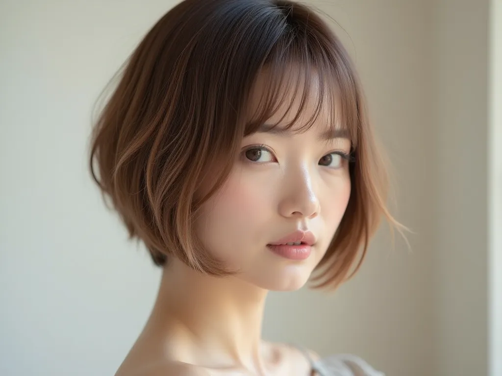 「Hair catalog photo of a Japanese woman in her 40s with a straight short bob。so that the hairstyle plays the leading role、The face is modestly projected、The background is simple, soft, and blurry。 has a smooth, natural luster 、with a beautiful silhouette。C...