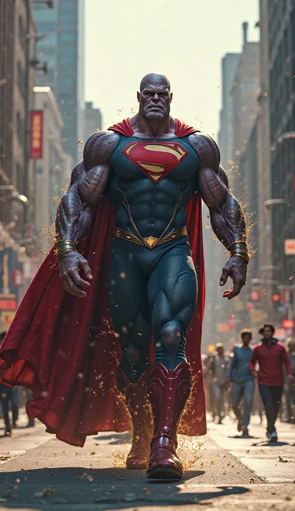 Thanos and superman merge and combine walking in realistic images in the new York city 