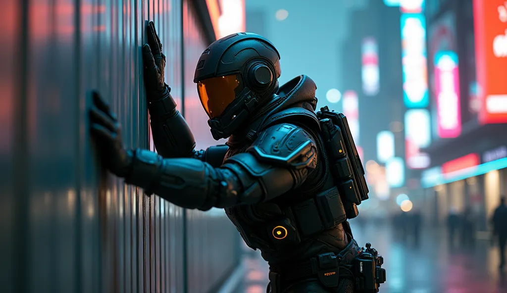 "A realistic futuristic character gripping a high-tech metallic wall with both hands, peering over the top with intense curiosity. The scene is set in a cyberpunk-inspired city with neon lights, holographic billboards, and a high-tech atmosphere. The chara...