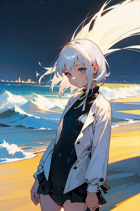 Silvery white hair，There is a black ribbon on the head， girl，The background is the coastline at night、short bob、 look at this and laugh、swimsuit