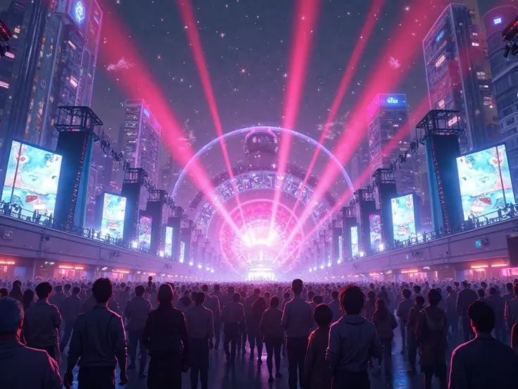 A sleek, futuristic anime-style event scene with vibrant neon lights, a grand stage, and an energetic crowd. The cityscape glows with holographic ads and digital banners. Deep purples, electric blues, and neon pinks create a high-tech, modern vibe. Cinemat...