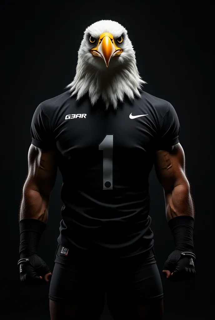  an image of an eagle mascot for a football team. The eagle is wearing a black uniform with a black shirt featuring white details, black shorts, and black socks. The eagle has an angry expression and is in a powerful pose. Only the upper part of the eagle,...