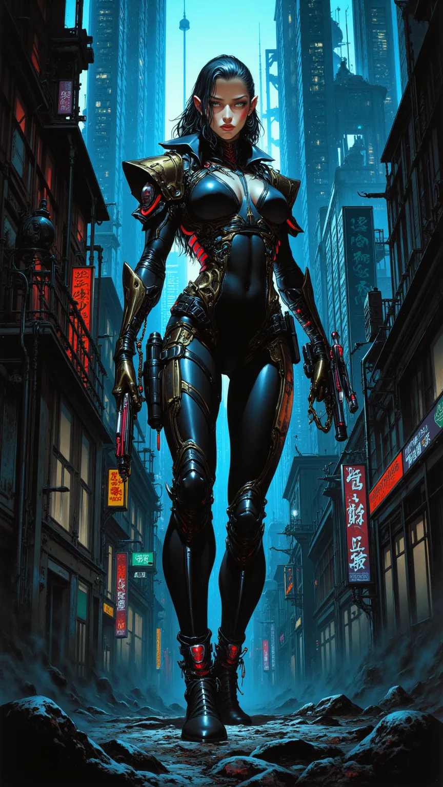 full body, cyberpunk female fighter，fear ，sci-fi，future，Gothic，Wayne Reynolds draws，in a highly detailed and dynamic style, 