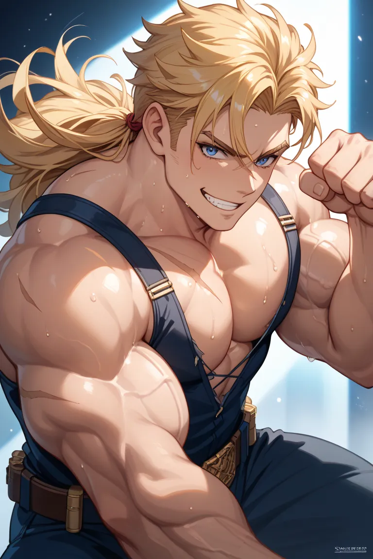 Character Details:
	•	A towering, muscular male villain from a shonen manga
	•	Stands at approximately 2 meters tall with a massive, intimidating physique
	•	Short, golden-blonde hair, slightly spiked, reflecting light
	•	Sharp, predatory teeth visible in ...