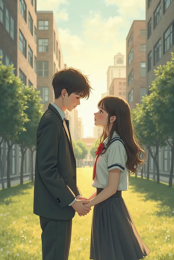 Draw a  boy and girl and they were wearing a school uniform and they looking at eachother falling inlove but they let go