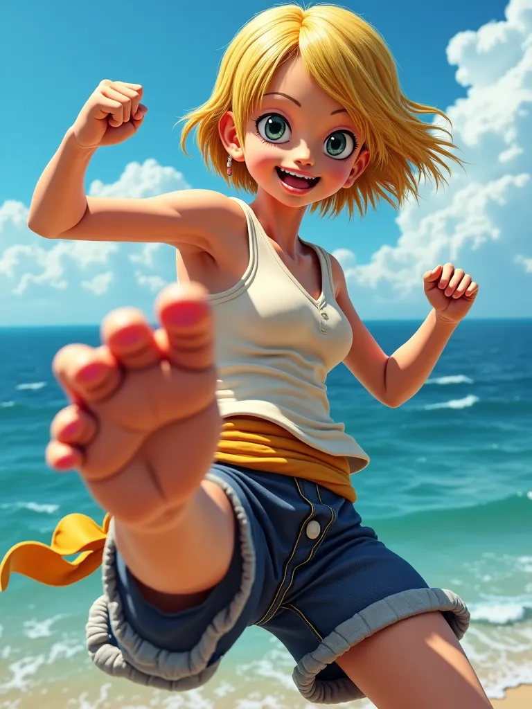 Beautiful  old Asian girl with short hair shown as sanji (Sanji ),The chef of the Straw Hat Pirate group and a strong kick gesture user.,Golden short hair pretty Asian girl,Sea backdrop,Brave Gesture,Strong Kicking Stance,Gorgeous Face Details,Shiny golden...