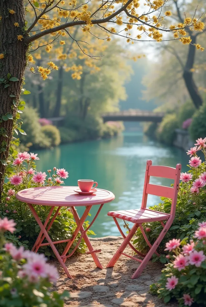 A hyper-realistic image of a scene of a beautiful, magical, enchanting and whimsical secret garden, with a light pink garden table and chair, with a coffee on top.  next to the secret garden is a lake and beautiful spring flowers in high-resolution details...