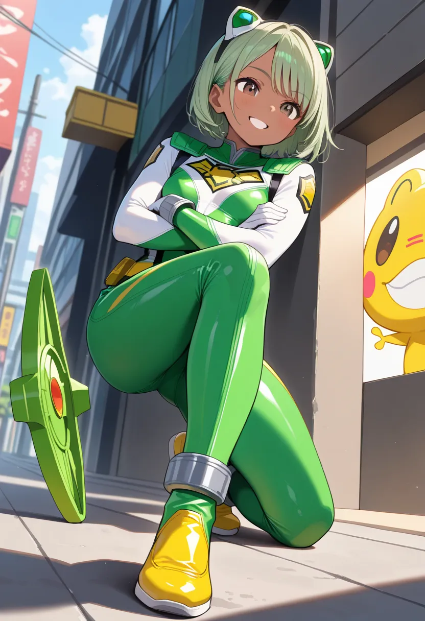 (Masterpiece, BestQuality:1.2), The iconic Super Sentai heroine. Inspired by Power Rangers. green green sentai suit.outdoor, trampled by her foot,grin,(stand with open stance:1.1), (crossed arms:1),
,BREAK (tween,cute,frog-shaped headgear,tanned dark skin,...