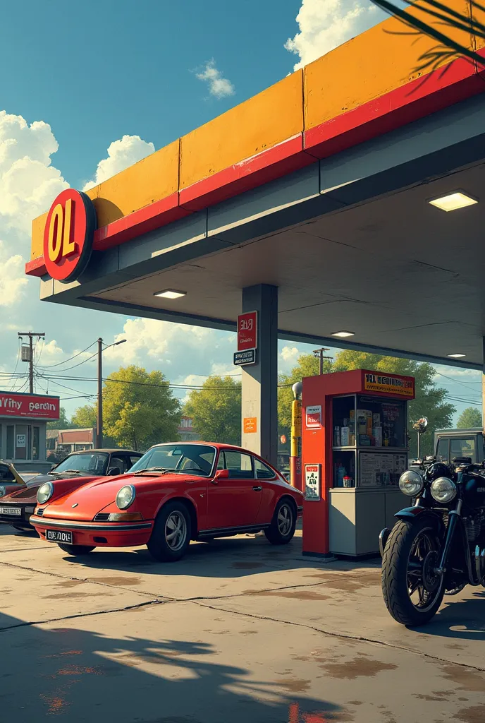 Give me a realistic image of a place where they change oil with products such as oil and cleaning, everything for the vehicle that has a lubrication center with cars and motorcycles and a place of payment with slightly sad customers