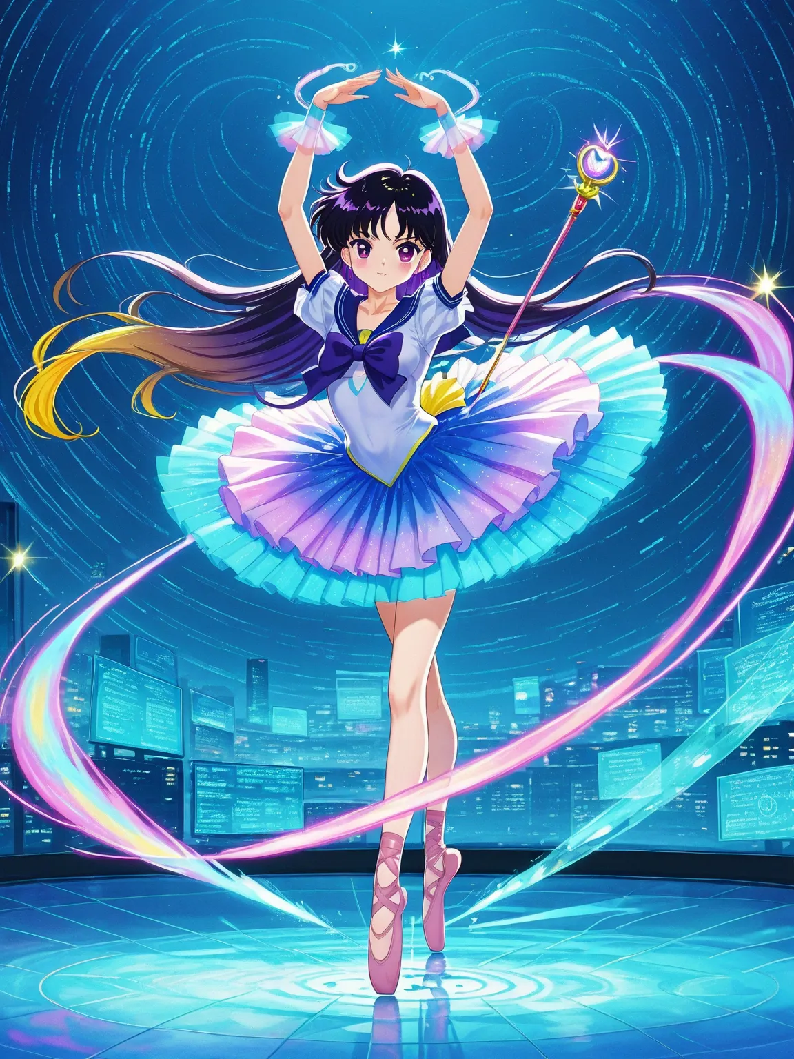 (Japanese cel-shading:1.5), (digital watercolor FX:1.4), hino rei, (Ballet Pose:1.4), (sailor-tech tutu:1.6), (holographic dance pose:1.7), dopamine blue-purple scheme:1.8, Mercury Computer scepter:1.5, (dataflow iris pattern:1.3), liquid crystal stage:1.4...