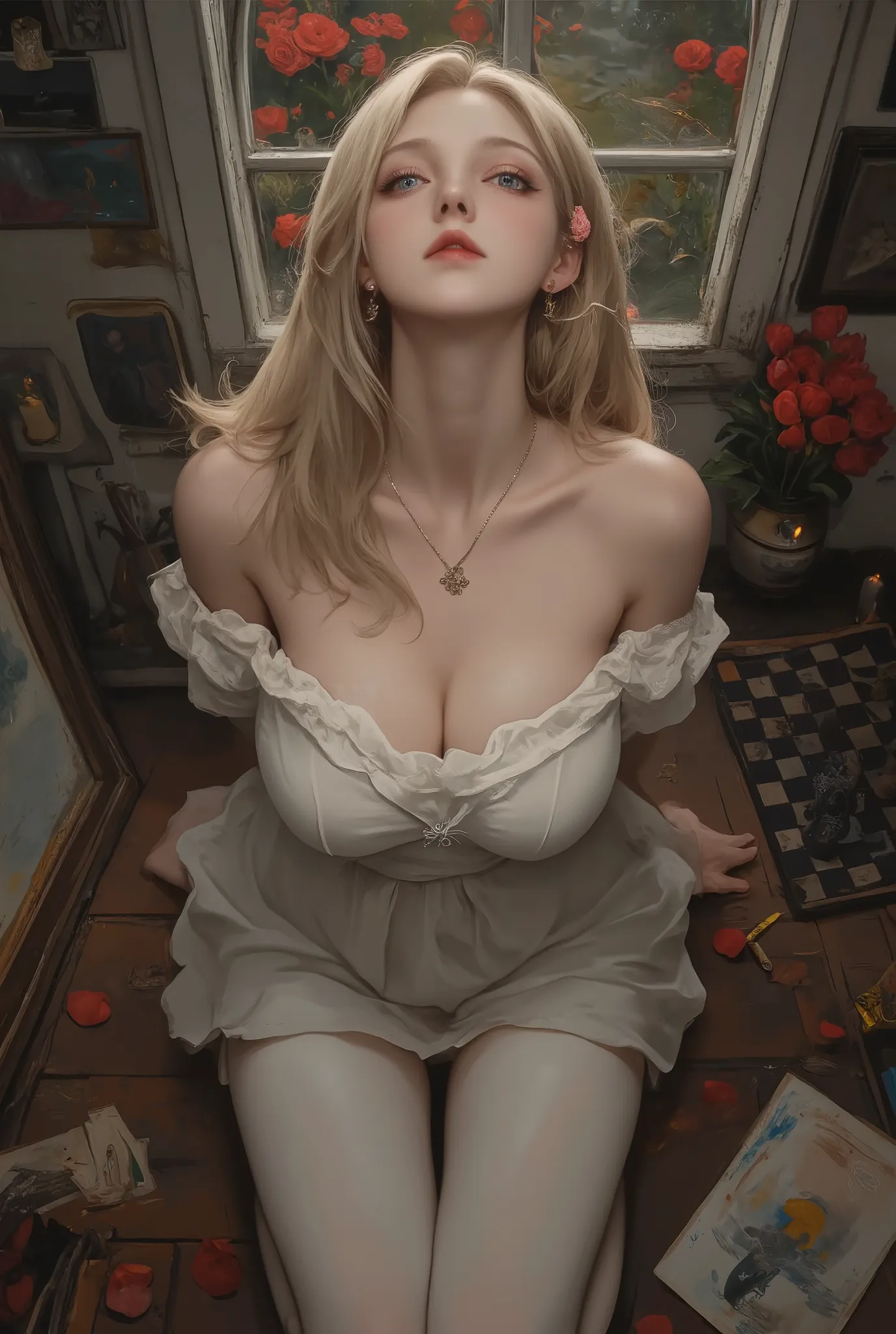 A beautiful girl, blonde hair,Long hair down to the back, blue eyes, wearing a white, off-the-shoulder dress, kneeling on the floor, face upturned , Antique room, wooden floor, walls with many art paintings, gloomy, on the floor there are many rose petals,...