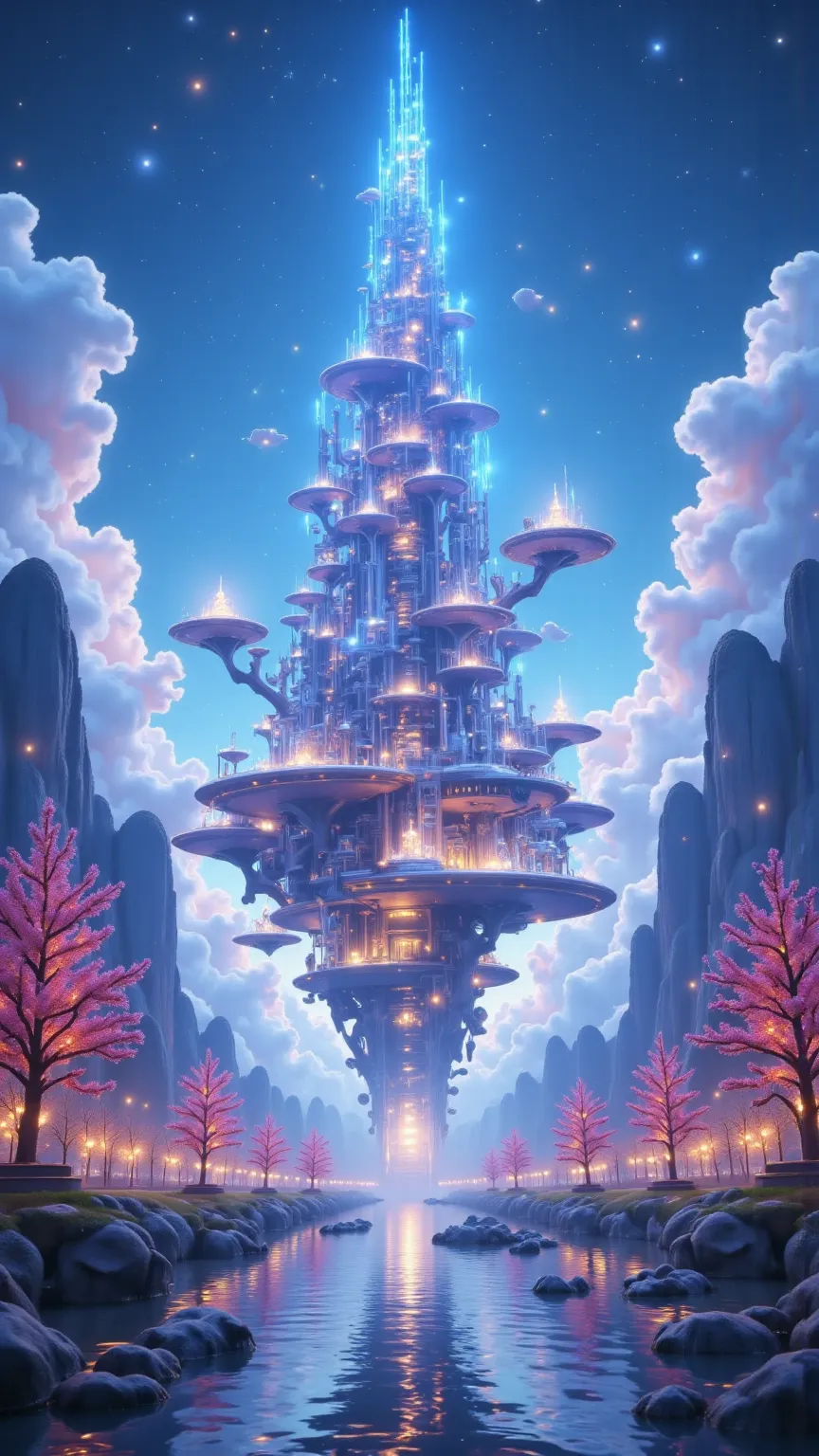 An oriental futuristic city floating on a tranquil blue sky. It's reflection shown in the rippling water of the lake below. The city is majestic, mesmerizing, otherworldy. It's evening and the lights are glorious, even the clouds is shining