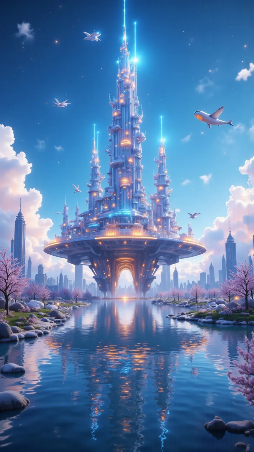 An oriental futuristic city floating on a tranquil blue sky. It's reflection shown in the rippling water of the lake below. The city is majestic, mesmerizing, otherworldy. It's evening and the lights are glorious, even the clouds is shining