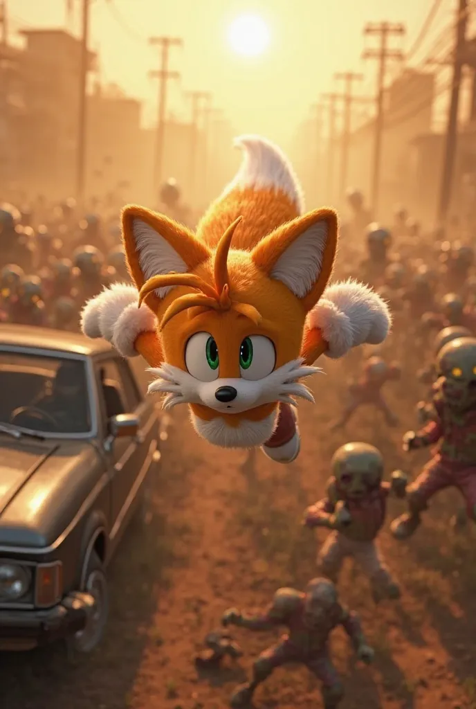 A highly detailed 3D-rendered image of Tails flying with Sonic, rapidly escaping a massive horde of zombies. As they soar through the sky, a zombie below fires a weapon, and Tails is shot, visibly wounded but still holding onto Sonic. Despite the injury, T...