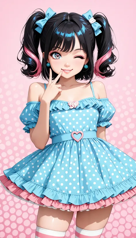 cute young girl, (big eyes), (Xiaoyan), ( High Detail Skin :1.2), cute face, playful expression, Beautiful appearance, (comic style eyes , Retro Hairstyle , V sign next to your face, wink), pop art, colorful, bright color, pastel color, (detailed clothes, ...