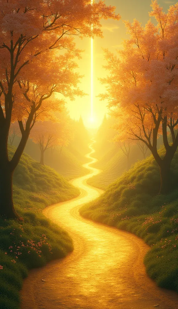 "A golden road between blossoming trees, representing the path of wisdom and discernment. On the horizon, a bright light symbolizes God's guidance."